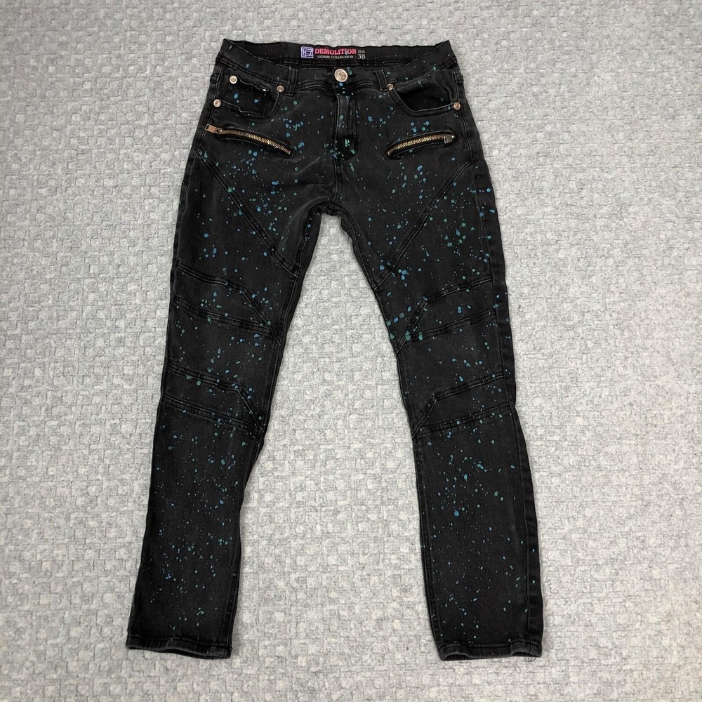 Demolition Jeans Mens 38x32 Black Paint Splatter Skinny Slim Moto Denim Art Norm